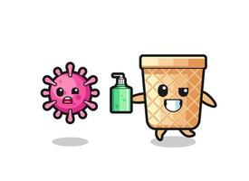 illustration of waffle cone character chasing evil virus with hand sanitizer vector