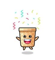 happy waffle cone mascot jumping for congratulation with colour confetti vector