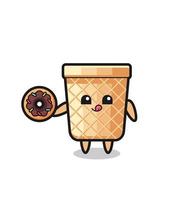 ilustración de un personaje de cono de gofre comiendo una rosquilla vector