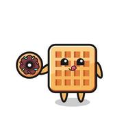 ilustración de un personaje de gofre comiendo un donut vector