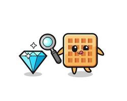 waffle mascot is checking the authenticity of a diamond vector