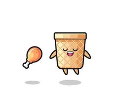 cute waffle cone floating and tempted because of fried chicken vector