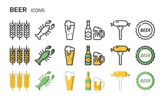 Beer icons set. Vector symbols in linear and flat style.