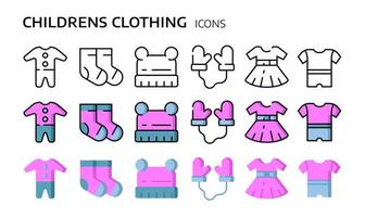 Baby clothes icons set. Bodysuit, romper, cap, socks, girl dress vector illustrations. Flat outline signs.