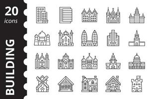 conjunto de iconos de edificios. colección de símbolos lineales vectoriales. vector