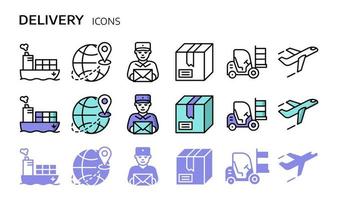 Shipping and delivery icons set. Vector symbols in linear and flat style.