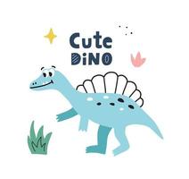 Dinosaur in cartoon hand drawn style. Cute dino handwritten lettering. Vector character.