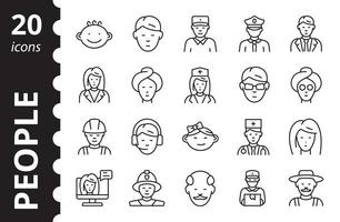 conjunto simple de iconos de personas de diferentes edades y profesiones. colección de símbolos de línea vectorial. vector