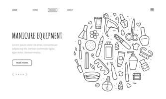 Manicure equipment set. Landing page template. Collection hand drawn different tools. Doodle sketch style. Vector outline illustration.