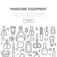 Manicure equipment set. Nail salon template design. Hand drawn doodle sketch. Vector line illustration for website, banner, background.