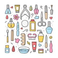 Manicure equipment set. Collection hand drawn different tools. Doodle sketch style. Vector colorful illustration for banner, website, landing page, background.