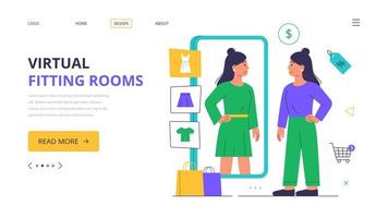 Virtual fitting room. Landing page template. Woman buys clothes, augmented reality app on a smartphone. Vector illustration in a modern flat style.