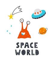 Hand-drawn doodle cute alien, star, planet, ufo and lettering phrase Space world. Vector illustration for kids design.