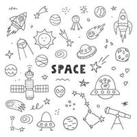 Hand drawn cute space set. Doodle sketch style. Vector linear illustration. Planets, aliens, rockets, UFO, stars isolated on white background.