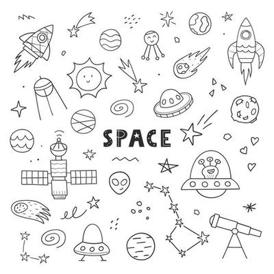 Hand drawn cute space set. Doodle sketch style. Vector linear ...