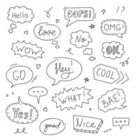 Set of speech bubbles with text Hello, Love, Ok, Wow, No. Doodle sketch style. Vector illustration.