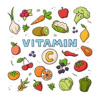 conjunto de fuentes de vitamina c. ilustración de color vectorial dibujada a mano. garabatear comida natural. vector