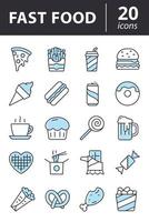 conjunto de iconos de comida rápida. colección de símbolos de línea de comida callejera. hamburguesa, pizza, donut contorno signos vectoriales en color.
