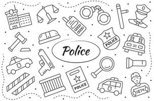 Conjunto de objetos y elementos lineales de la policía. concepto de ley y justicia. ilustración vectorial