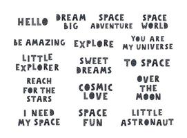 Collection of Space black and white hand drawn lettering. Vector illustration.