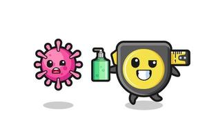 illustration of tape measure character chasing evil virus with hand sanitizer vector