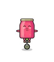 The cute strawberry jam character is riding a circus bike vector