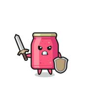 cute strawberry jam soldier fighting with sword and shield vector