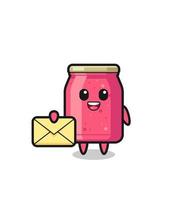 cartoon illustration of strawberry jam holding a yellow letter vector