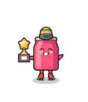 strawberry jam cartoon as an ice skating player hold winner trophy vector