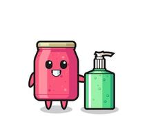 cute strawberry jam cartoon with hand sanitizer vector