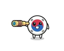 cute south korea flag character is holding an old telescope vector