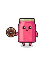 ilustración de un personaje de mermelada de fresa comiendo un donut vector