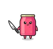 cute strawberry jam mascot as a psychopath holding a knife vector