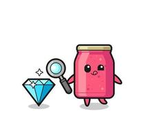 strawberry jam mascot is checking the authenticity of a diamond vector