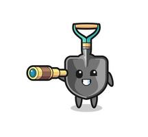 cute shovel character is holding an old telescope vector