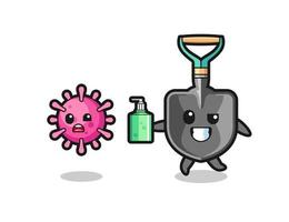 illustration of shovel character chasing evil virus with hand sanitizer vector