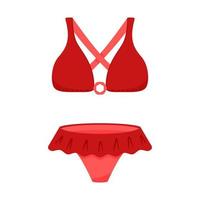 Red two-piece swimsuit. Bra and underpants. Women's summer, beachwear for sunbathing and swimming. Vector illustration in a flat style. Isolated on white.