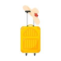 Yellow closed suitcase on wheels. Standing, with a woman's hat hanging on the handle. A symbol of travel, summer, vacation. A bright design element. Flat color vector illustration. Isolated on white.