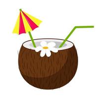 Coconut cocktail with umbrella, flower and straw. Summer, tropical, beach drink. Decorative element. Bright flat color vector illustration. Isolated on a white background.