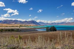 vista lejana del lago tekapo en un día de verano foto