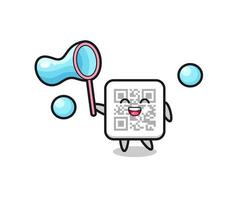 happy qr code cartoon playing soap bubble vector