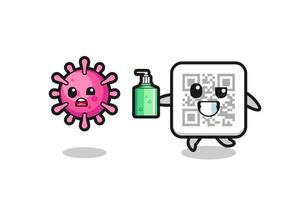 illustration of qr code character chasing evil virus with hand sanitizer vector