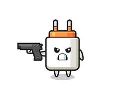 the cute power adapter character shoot with a gun vector