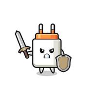 cute power adapter soldier fighting with sword and shield vector