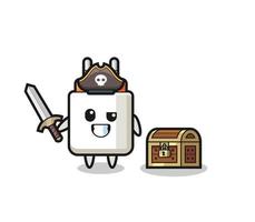 the power adapter pirate character holding sword beside a treasure box vector