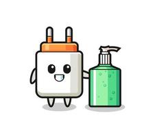 cute power adapter cartoon with hand sanitizer vector