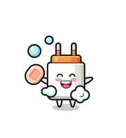 power adapter character is bathing while holding soap vector