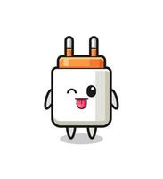 cute power adapter character in sweet expression while sticking out her tongue vector