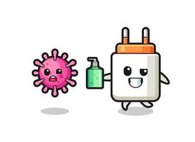 illustration of power adapter character chasing evil virus with hand sanitizer vector