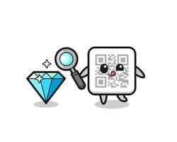 qr code mascot is checking the authenticity of a diamond vector